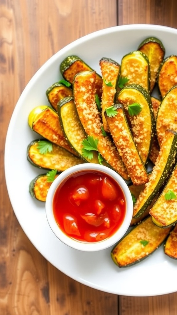 Crispy zucchini parmesan fries on a plate with marinara sauce, garnished with parsley.
